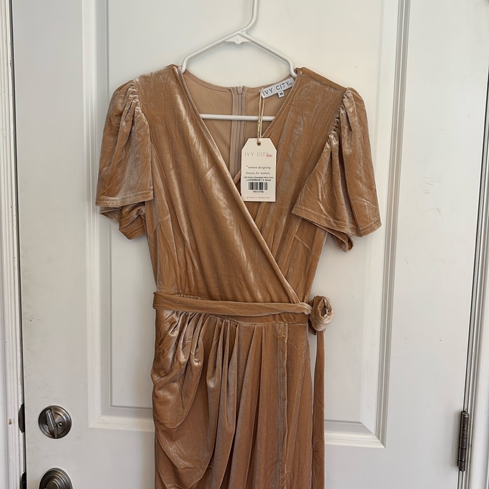 Ivy City Co Lillie dress in champagne velvet.